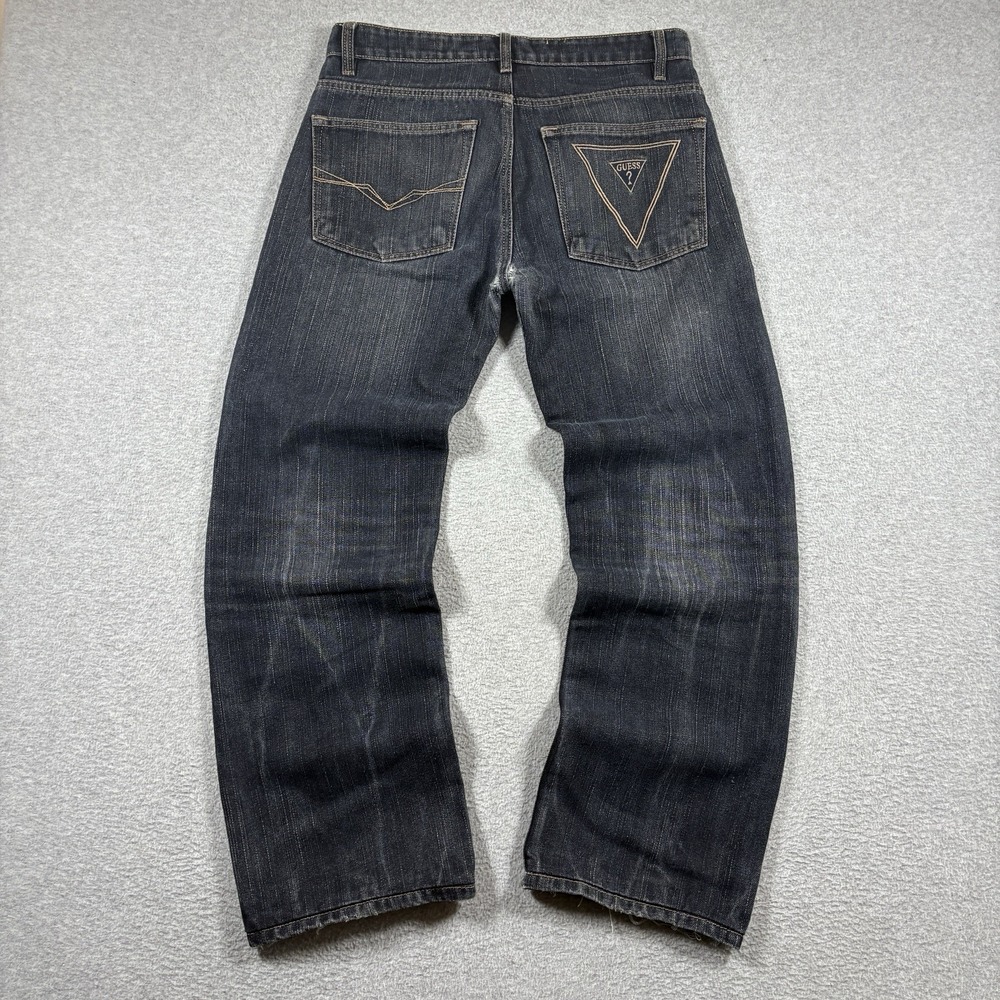 Vintage Guess Jeans Mens Black Faded Denim Relaxed Triangle Logo Y2K Grunge